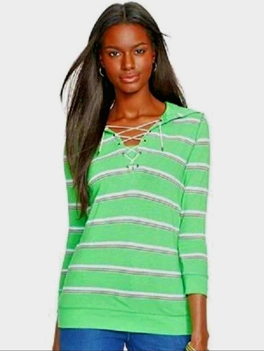 LRL Henley Stripe Green Polo Top
